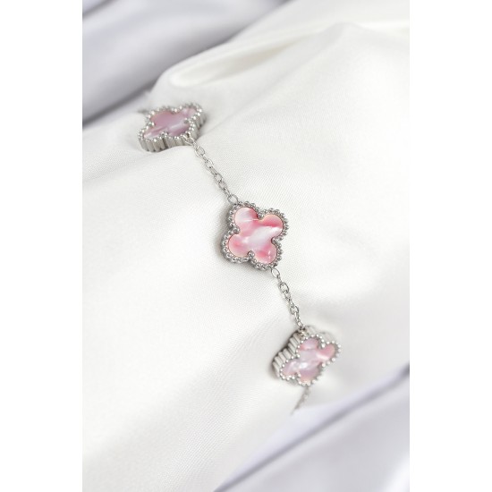 316L Çelik Sedefli Pembe Gümüş Renk Yonca Kadın Bileklik - TJ-BB7812