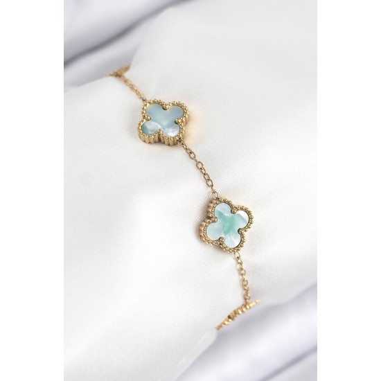 316L Çelik Sedefli Yeşil Gold Renk Yonca Kadın Bileklik - TJ-BB7813