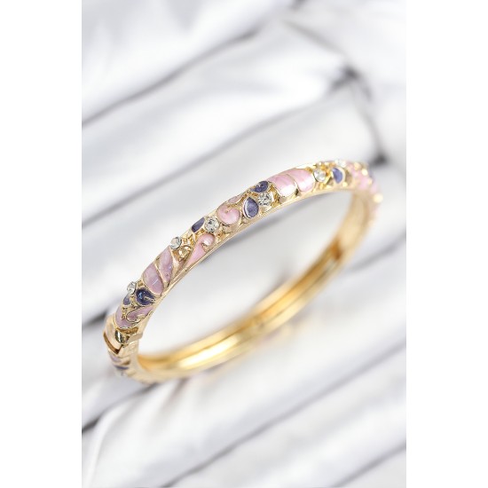 Mineli Pirinç Zirkon Taşlı Fuşya Mor Çiçek Motifli Gold Kadın Kelepçe - TJ-BB7815