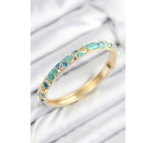 Mineli Pirinç Zirkon Taşlı Turkuaz Mavi Çiçek Motifli Gold Kadın Kelepçe - TJ-BB7816