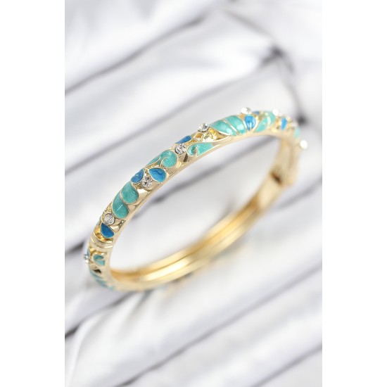 Mineli Pirinç Zirkon Taşlı Turkuaz Mavi Çiçek Motifli Gold Kadın Kelepçe - TJ-BB7816