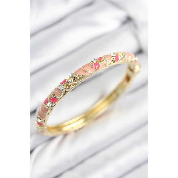 Mineli Pirinç Zirkon Taşlı Pembe Çiçek Motifli Gold Kadın Kelepçe - TJ-BB7818