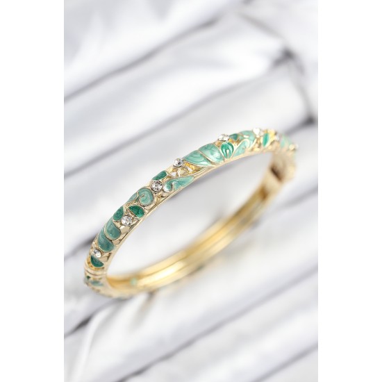 Mineli Pirinç Zirkon Taşlı Zümrüt Yeşili Çiçek Motifli Gold Kadın Kelepçe - TJ-BB7819