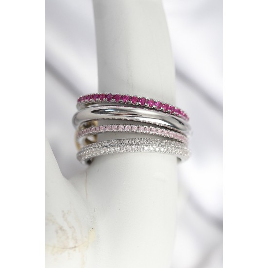 Pirinç Gümüş Renk Zirkon Taşlı 4'Lü Kadın Yüzük - TJ-BYK3828