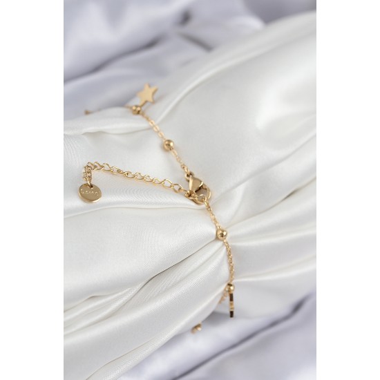 316L Çelik Sıralı Yıldız Model Gold Renk Kadın Bileklik - TJ-BB7825