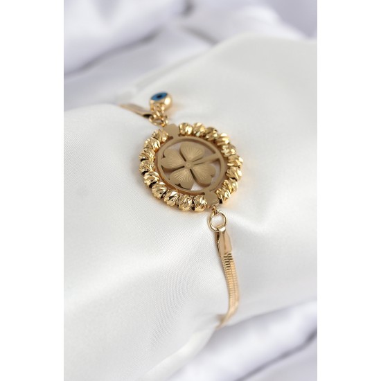 316L Çelik Nazar Boncuk Detaylı Yonca Model İtalyan Zincir Gold Renk Kadın Bileklik - TJ-BB7826