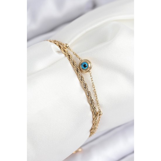 316L Çelik Nazar Boncuk Model Burgu Zincir Gold Renk Kadın Bileklik - TJ-BB7829