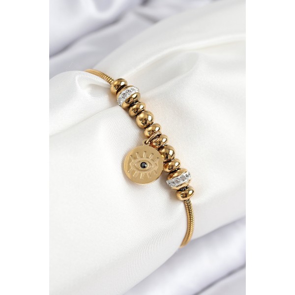 316L Çelik Zirkon Taşlı Göz Charm Model Gold Renk Kadın Bileklik - TJ-BB7842