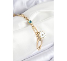 316L Çelik Nazar Boncuğu Ve Zirkon Taşlı Kalp Model Gold Renk Kadın Bileklik - TJ-BB7837