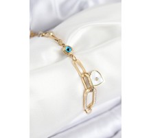 316L Çelik Nazar Boncuğu Ve Zirkon Taşlı Kalp Model Gold Renk Kadın Bileklik - TJ-BB7837