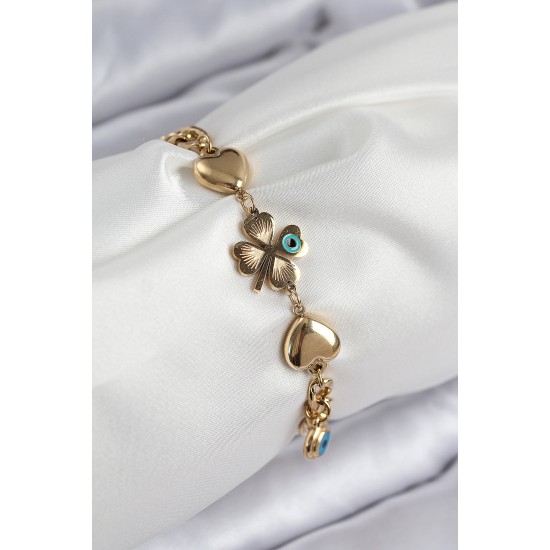 316L Çelik Nazar Boncuk Detaylı Yonca Model Gold Renk Kadın Bileklik - TJ-BB7832