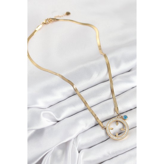 316L Çelik Zirkon Taşlı Çeyrek Takılabilir Gold Renk Kadın Kolye - TJ-BKO10506