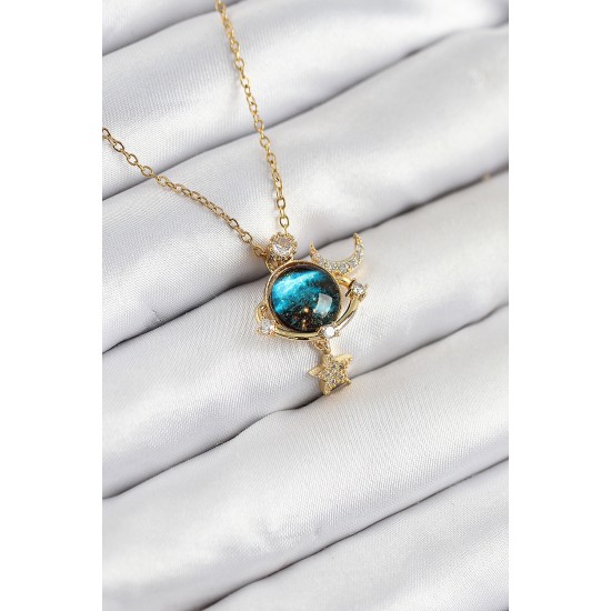 316L Çelik Zirkon Taşlı Gezegen Model Gold Renk Kadın Kolye - TJ-BKO10507