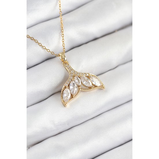 316L Çelik Zirkon Taşlı Balık Kuyruğu Model Gold Renk Kadın Kolye - TJ-BKO10511