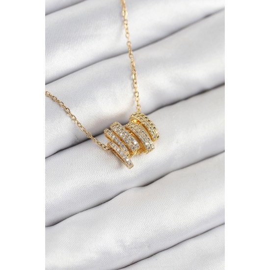 316L Çelik Zirkon Taşlı Sarmal Model Gold Renk Kadın Kolye - TJ-BKO10512
