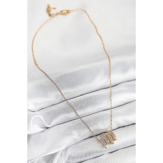 316L Çelik Zirkon Taşlı Sarmal Model Gold Renk Kadın Kolye - TJ-BKO10512