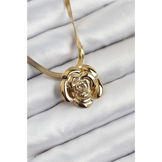 316L Çelik Gül Figürlü İtalyan Zincir Model Gold Renk Kadın Kolye - TJ-BKO10513