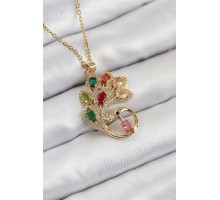 316L Çelik Zirkon Taşlı Tavus Kuşu Model Gold Renk Kadın Kolye - TJ-BKO10514