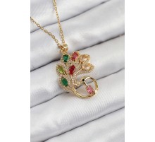 316L Çelik Zirkon Taşlı Tavus Kuşu Model Gold Renk Kadın Kolye - TJ-BKO10514