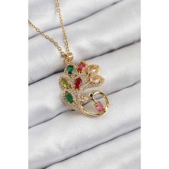 316L Çelik Zirkon Taşlı Tavus Kuşu Model Gold Renk Kadın Kolye - TJ-BKO10514