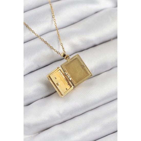 316L Çelik Zirkon Taşlı Açılabilr Kapaklı Kitap Model Gold Renk Kadın Kolye - TJ-BKO10515