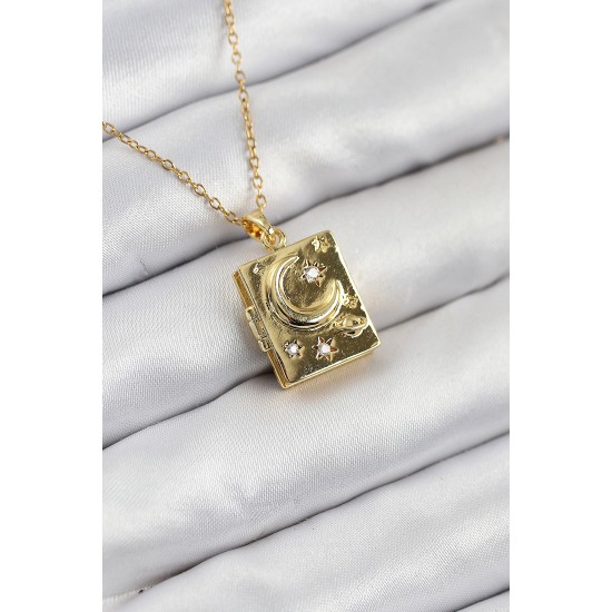 316L Çelik Zirkon Taşlı Açılabilr Kapaklı Kitap Model Gold Renk Kadın Kolye - TJ-BKO10515