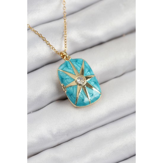 316L Çelik Zirkon Taşlı Açılabilr Kapaklı Kutup Yıldzı Model Gold Renk Kadın Kolye - TJ-BKO10517