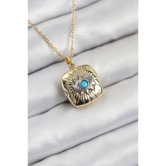 316L Çelik Zirkon Taşlı Açılabilr Kapaklı Göz Model Gold Renk Kadın Kolye - TJ-BKO10518