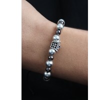 Doğal Taş Kral Tacı Model Gümüş Ve Füme Renk Asansörlü Erkek Bileklik - TJ-EB3757