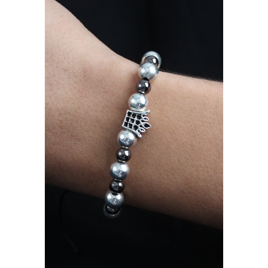 Doğal Taş Kral Tacı Model Gümüş Ve Füme Renk Asansörlü Erkek Bileklik - TJ-EB3757