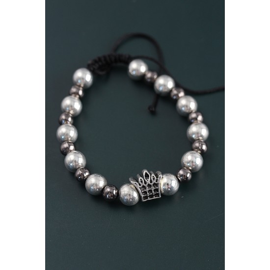 Doğal Taş Kral Tacı Model Gümüş Ve Füme Renk Asansörlü Erkek Bileklik - TJ-EB3757