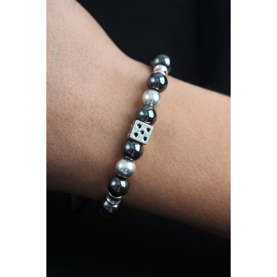 Doğal Taş Zar Model Gümüş Ve Füme Renk Asansörlü Erkek Bileklik - TJ-EB3759