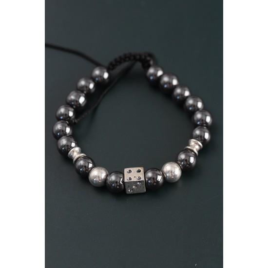 Doğal Taş Zar Model Gümüş Ve Füme Renk Asansörlü Erkek Bileklik - TJ-EB3759