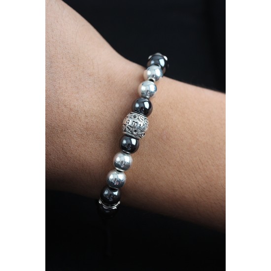 Doğal Taş Family Model Gümüş Ve Füme Renk Asansörlü Erkek Bileklik - TJ-EB3760