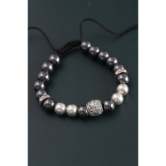 Doğal Taş Family Model Gümüş Ve Füme Renk Asansörlü Erkek Bileklik - TJ-EB3760