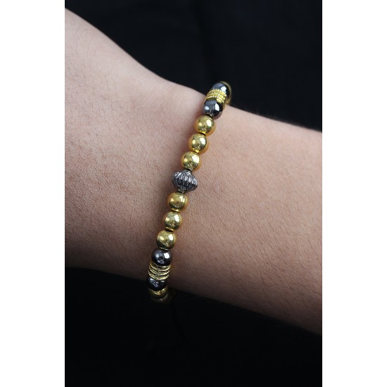 Doğal Taş Çember Model Gold Ve Füme Renk Asansörlü Erkek Bileklik - TJ-EB3761