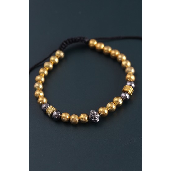 Doğal Taş Çember Model Gold Ve Füme Renk Asansörlü Erkek Bileklik - TJ-EB3761