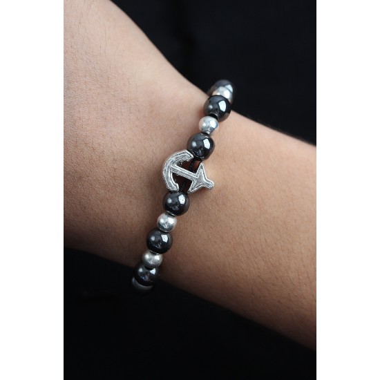 Doğal Taş Çapa Model Gümüş Ve Füme Renk Asansörlü Erkek Bileklik - TJ-EB3762