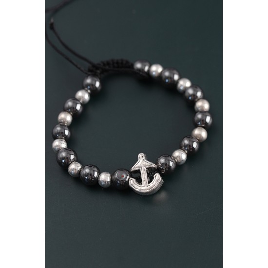 Doğal Taş Çapa Model Gümüş Ve Füme Renk Asansörlü Erkek Bileklik - TJ-EB3762