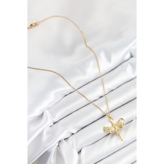 316L Çelik Zirkon Taşlı Melek Model Gold Renk Kadın Kolye - TJ-BKO10520