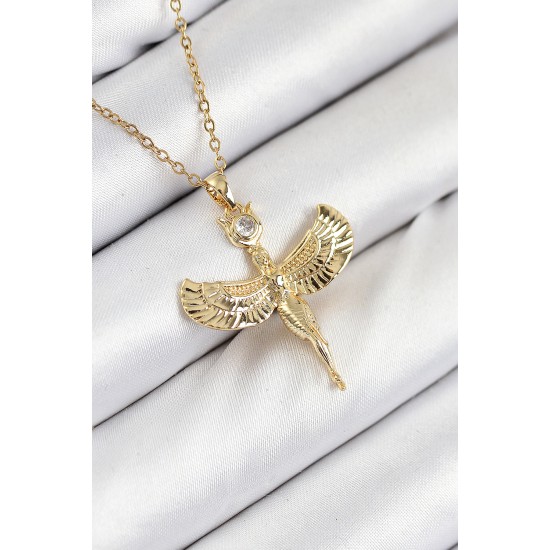 316L Çelik Zirkon Taşlı Melek Model Gold Renk Kadın Kolye - TJ-BKO10520