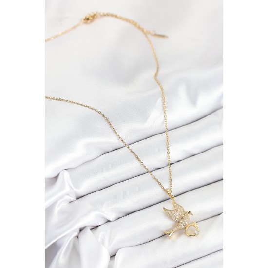 316L Çelik Zirkon Taşlı Yüzüklü Kuş Model Gold Renk Kadın Kolye - TJ-BKO10521