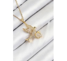 316L Çelik Zirkon Taşlı Yüzüklü Kuş Model Gold Renk Kadın Kolye - TJ-BKO10521