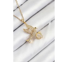 316L Çelik Zirkon Taşlı Yüzüklü Kuş Model Gold Renk Kadın Kolye - TJ-BKO10521