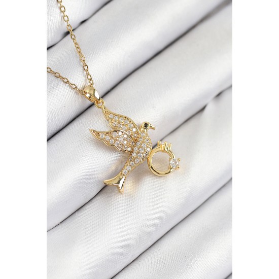 316L Çelik Zirkon Taşlı Yüzüklü Kuş Model Gold Renk Kadın Kolye - TJ-BKO10521