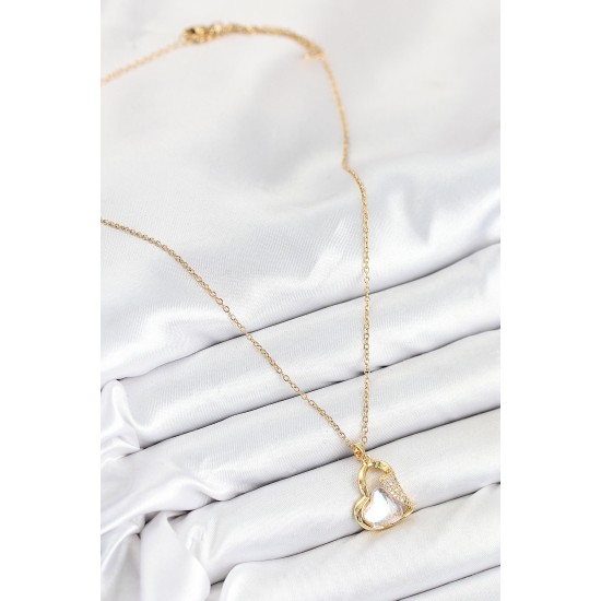 316L Çelik Zirkon Taşlı Kalp Model Gold Renk Kadın Kolye - TJ-BKO10523