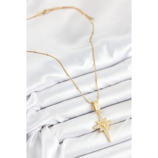 316L Çelik Zirkon Taşlı Kutup Yıldızı Model Gold Renk Kadın Kolye - TJ-BKO10524