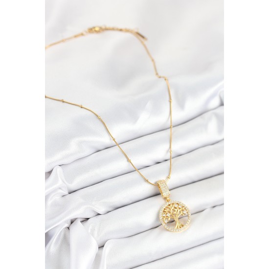 316L Çelik Zirkon Taşlı Hayat Ağacı Model Gold Renk Kadın Kolye - TJ-BKO10525