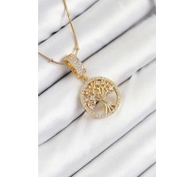 316L Çelik Zirkon Taşlı Hayat Ağacı Model Gold Renk Kadın Kolye - TJ-BKO10525