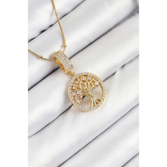 316L Çelik Zirkon Taşlı Hayat Ağacı Model Gold Renk Kadın Kolye - TJ-BKO10525